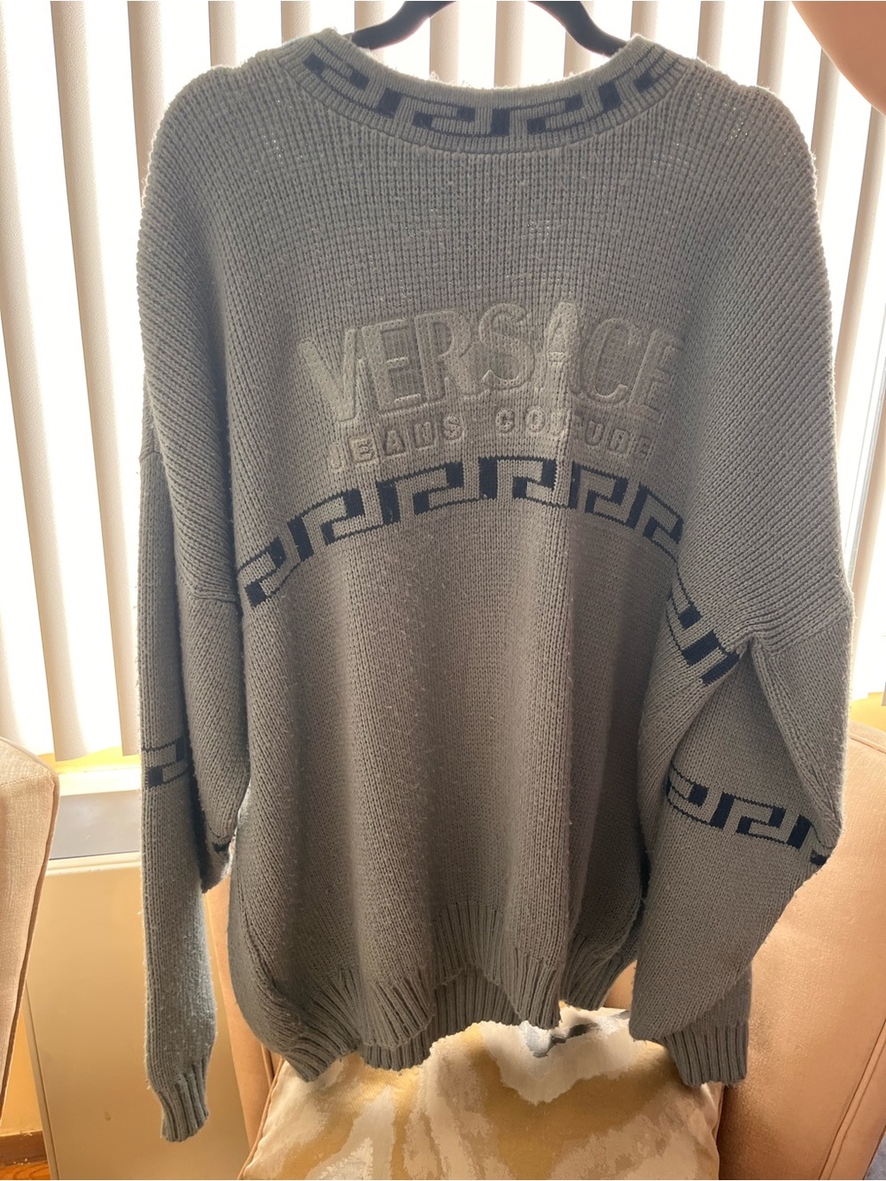 Versace  Men's Light Gray Crewneck Sweater with Navy Trim